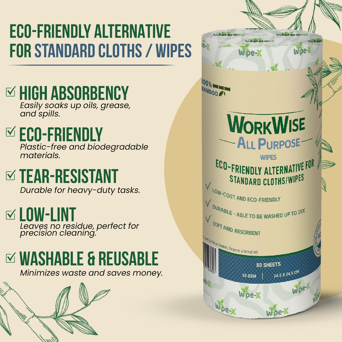 WorkWise All Purpose Heavy Duty Cleaning Wipes – Washable, Biodegradable & Eco-Friendly, Low Lint, Plastic-Free – Ideal for Workshops, Kitchens, Industrial & Home Use – 100% Australian Owned