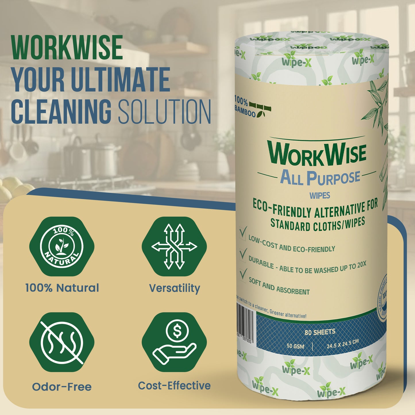 WorkWise All Purpose Heavy Duty Cleaning Wipes – Washable, Biodegradable & Eco-Friendly, Low Lint, Plastic-Free – Ideal for Workshops, Kitchens, Industrial & Home Use – 100% Australian Owned